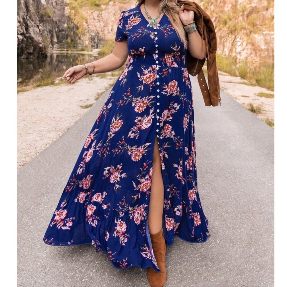 Plus Blue Bohemian Floral Print Maxi Dress 1X 2X 3X 4X